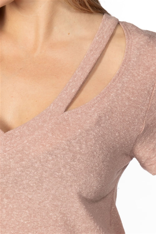 Soft Pink V Neck One Side Cold Shoulder Top