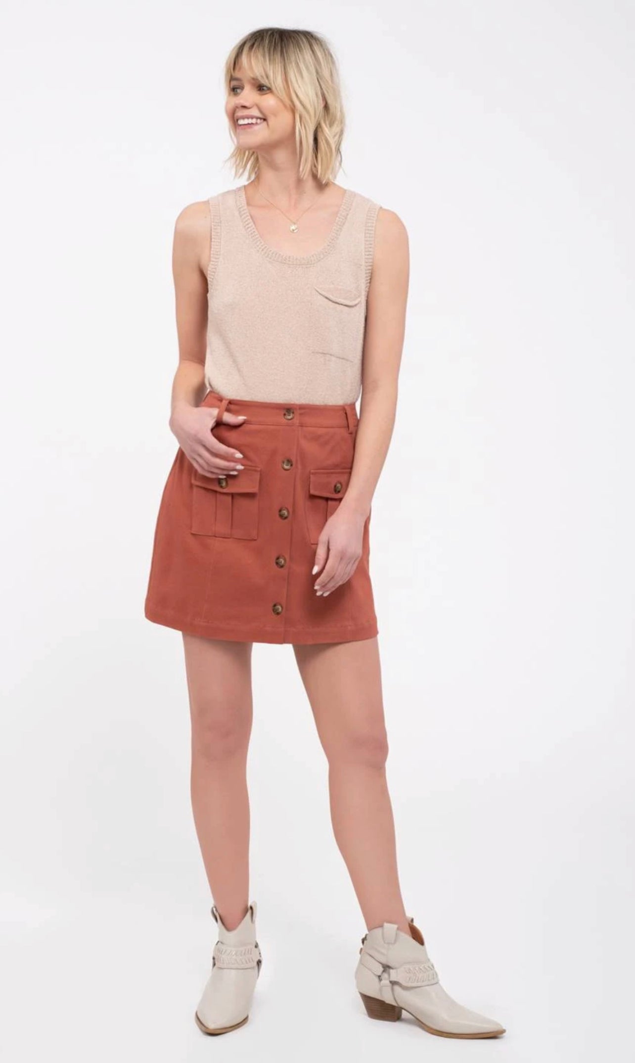 Terra Cotta Button-Front Skirt